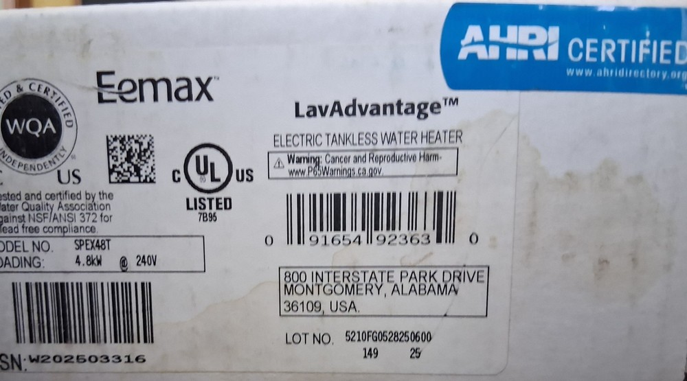 Eemax SPEX48T, LavAdvantage 240V/4.8 kW Thermostatic Water Heater Under Sink