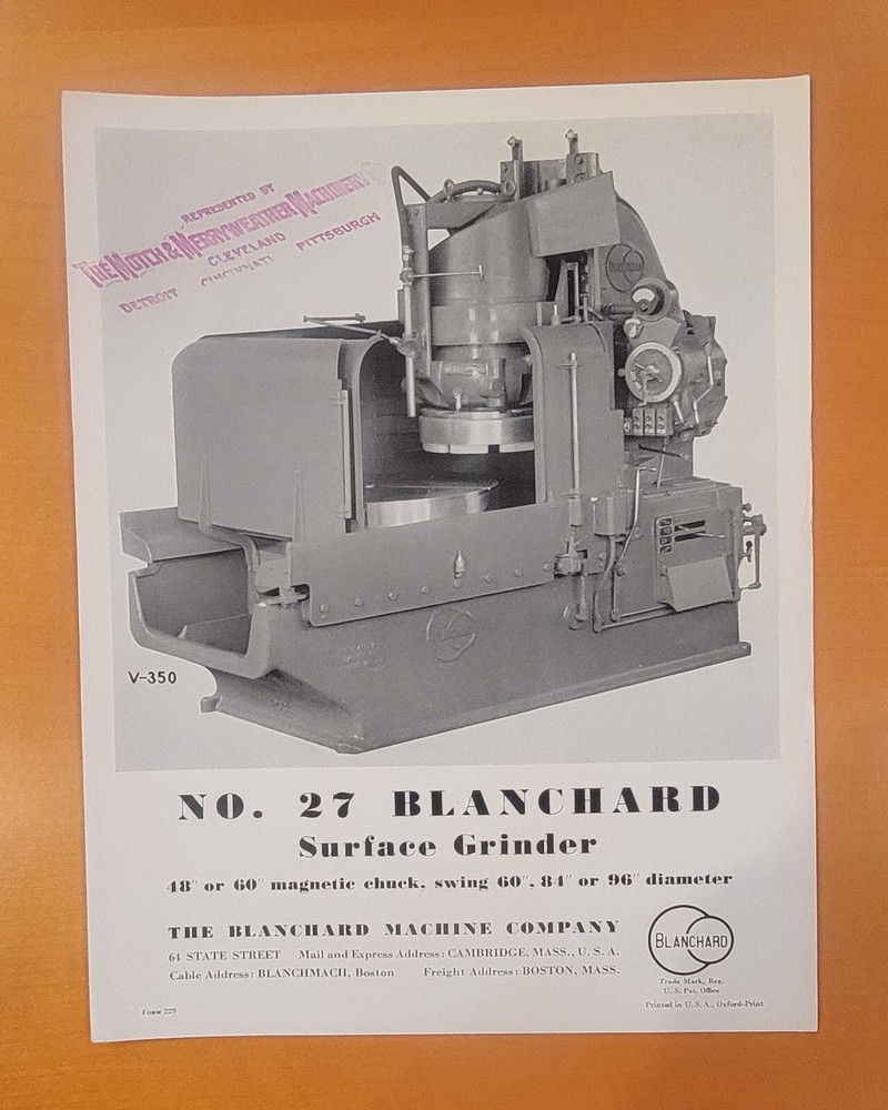 BLANCHARD Surface Grinder No. 27 Sales Brochure
