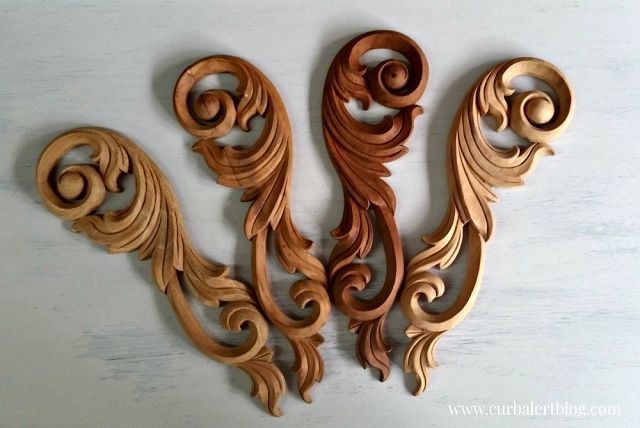 Pair Large Wood Carvings - 12" Scrolls