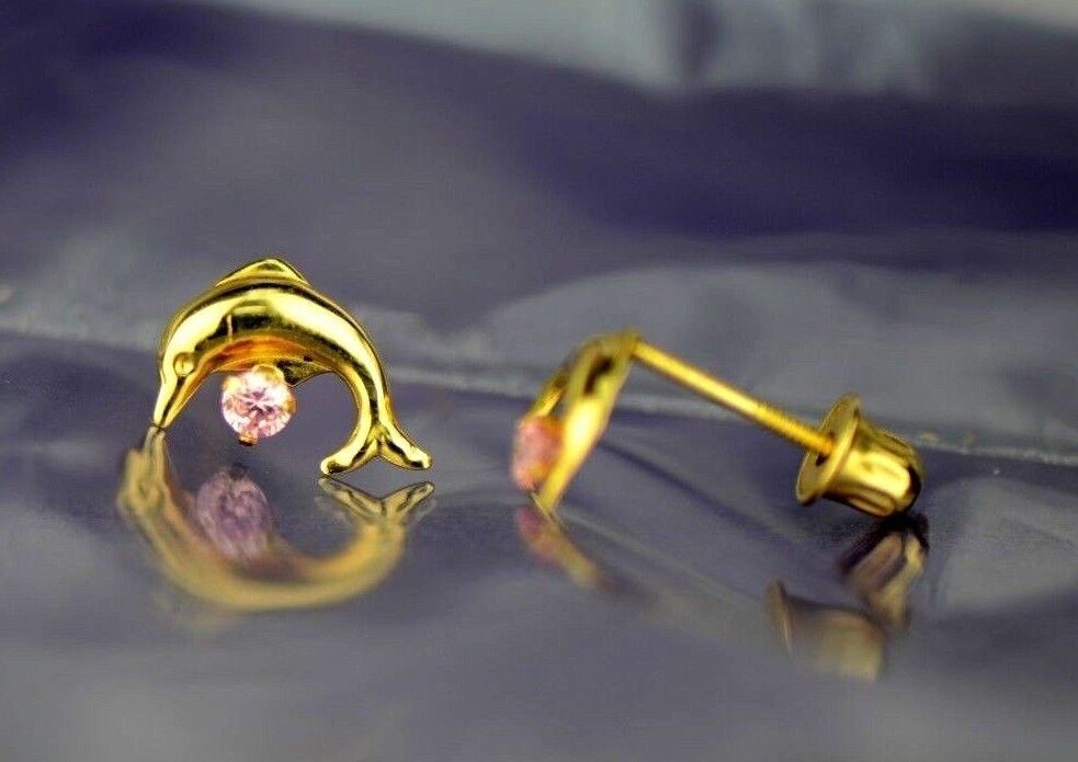 14k yellow gold dolphin earrings stud cz