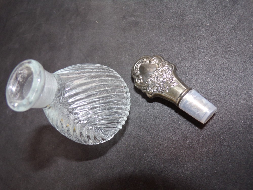 Perfume Bottle, Clear Ribbed Glass w/ Silver Top