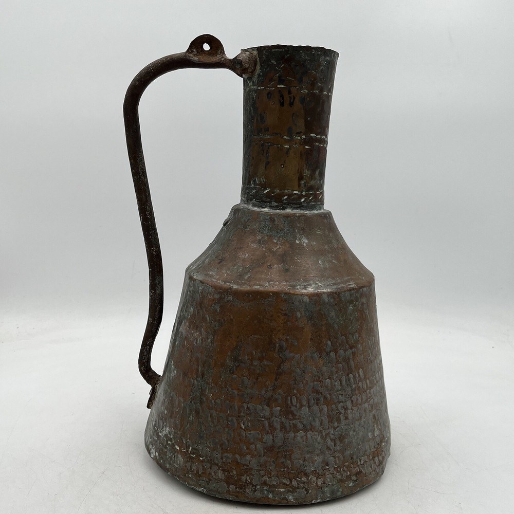 Antique Primitive Arts & Crafts Hammered Hand Raised Copper Pitcher 14''H