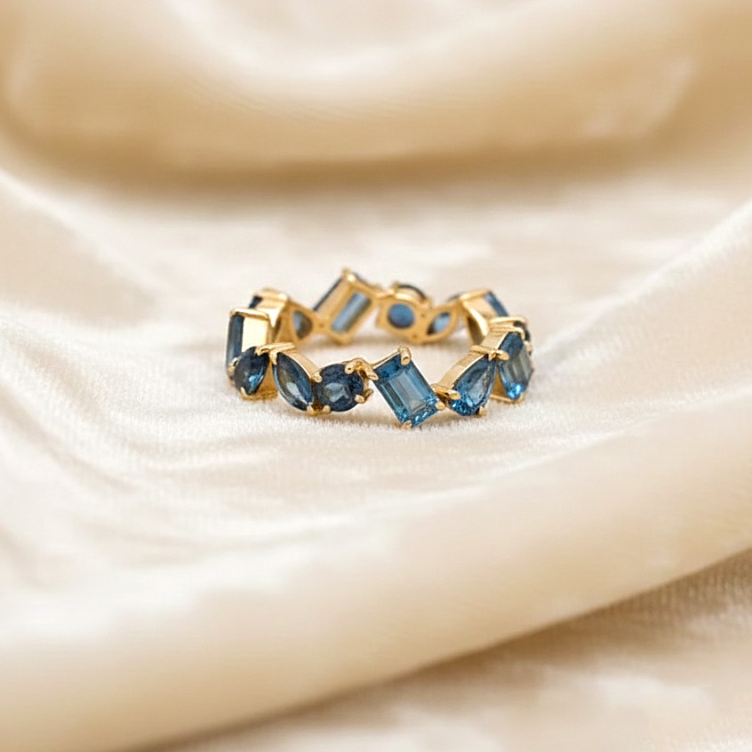 Lab Created Multi Shape London Blue Topaz Ring, Eternity Wedding Ring 925 Silver