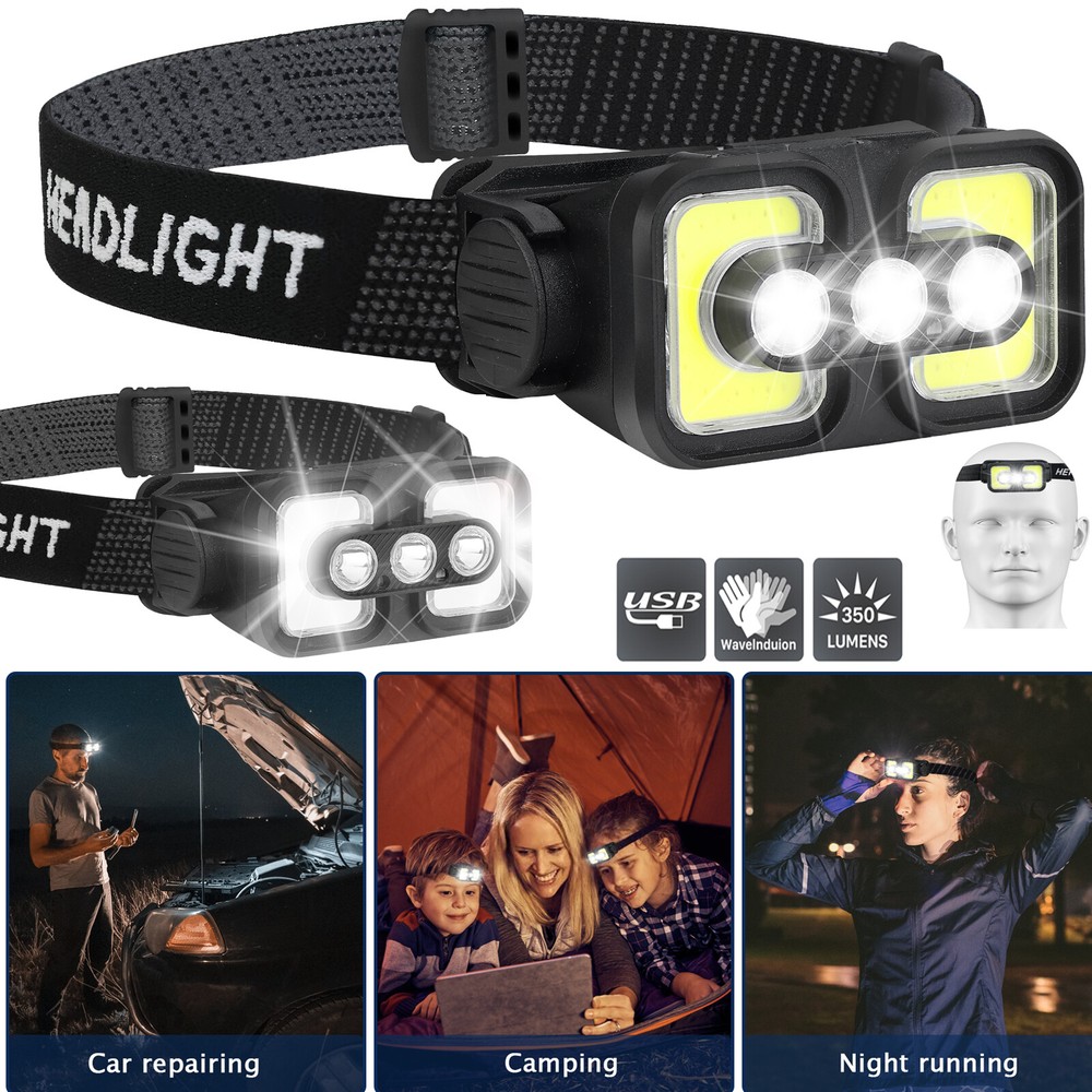 COB LED Headlamp USB Rechargeable Sensor Headlight Torch Work Light Dual Switch