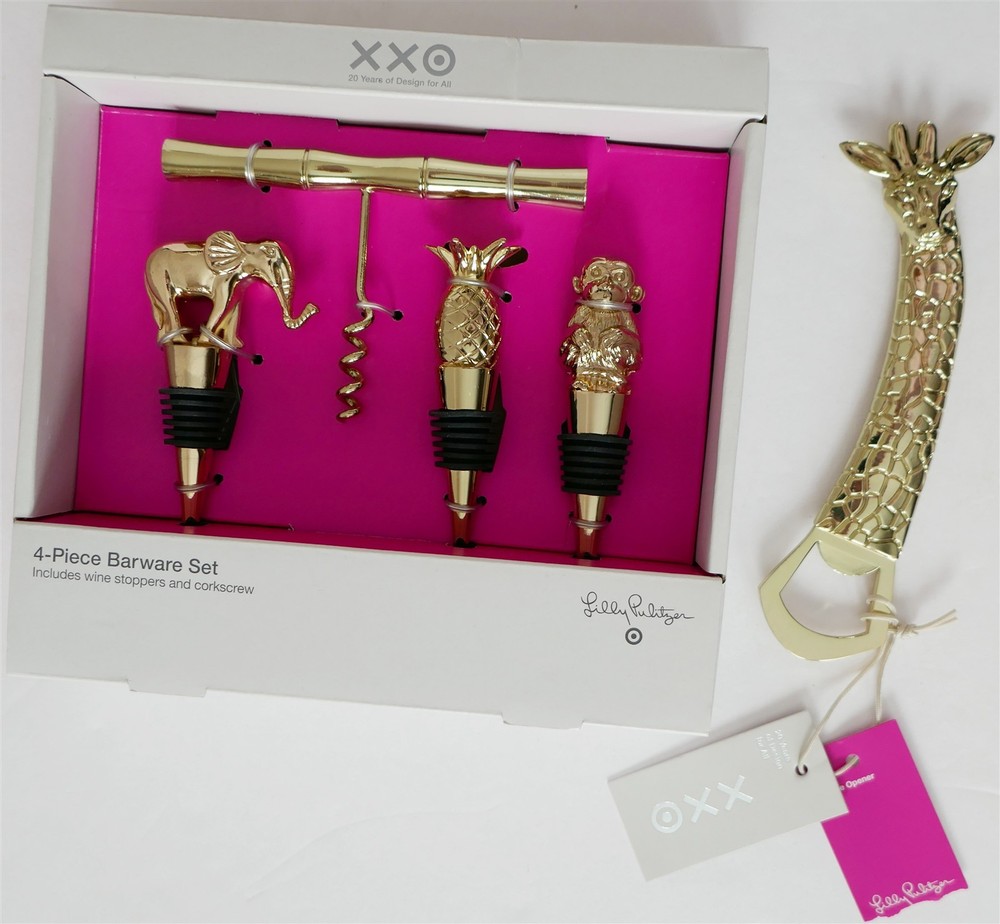 Lilly Pulitzer LtEd SET 5pc Giraffe+Pineapple Monkey Elephant Stoppers+Corkscrew