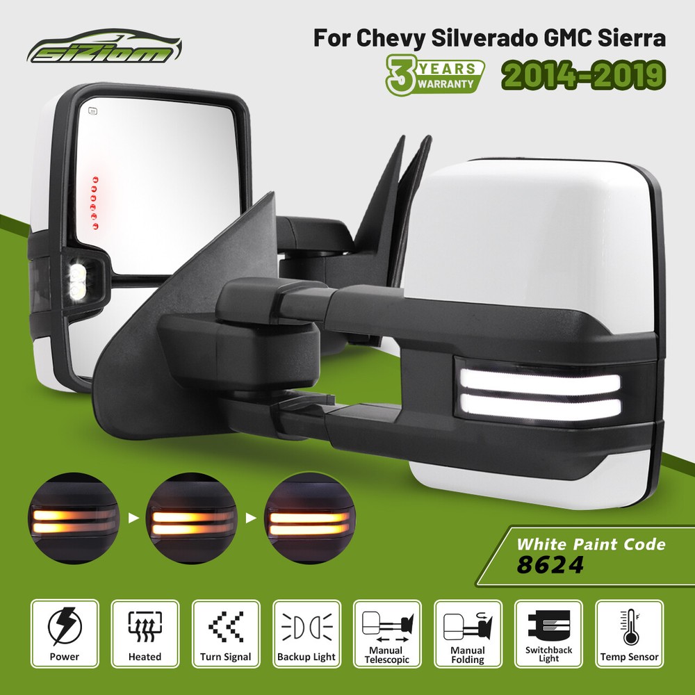 Switchback Painted White Tow Mirrors for 2014-2019 Chevy Silverado GMC Sierra