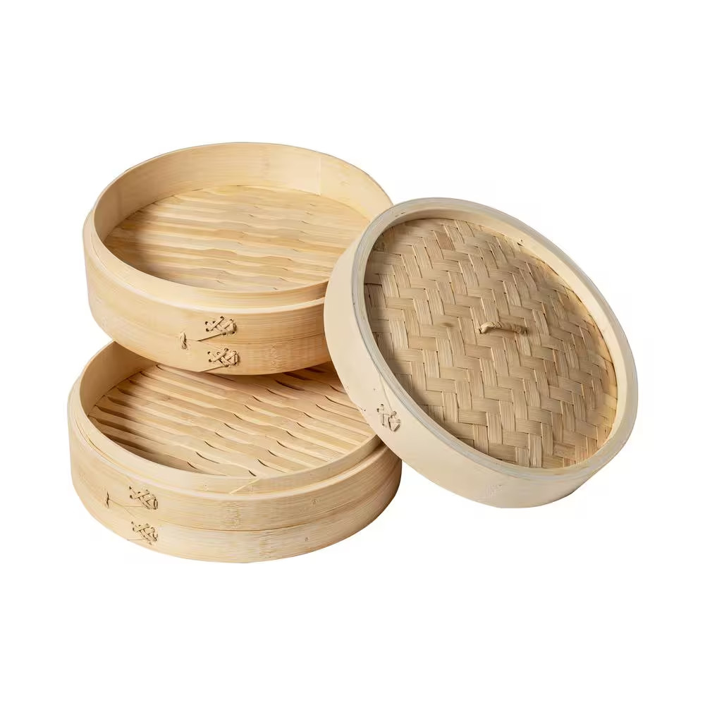 10 In. Natural Bamboo 3-Tier Steamer Baskets