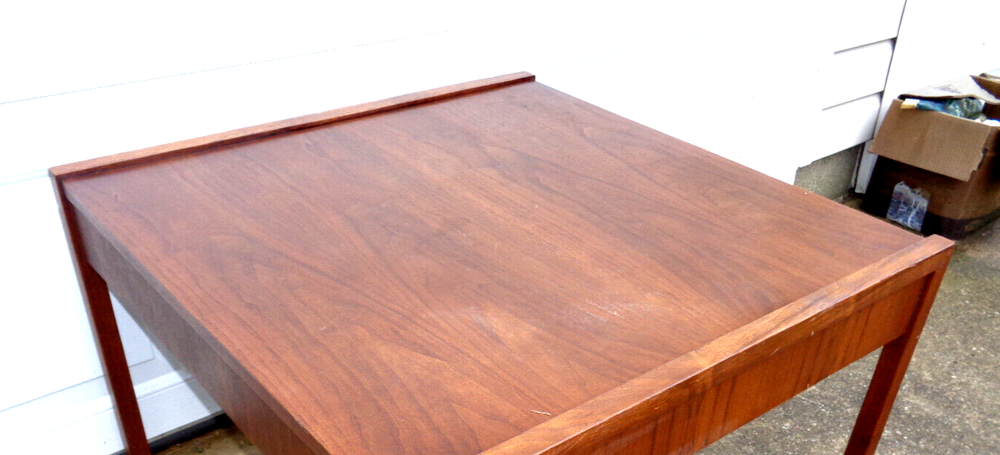 MID CENTURY MODERN WALNUT LARGE SIDE TABLE, COFFEE TABLE, EDWARD WORMLEY? SOLID.