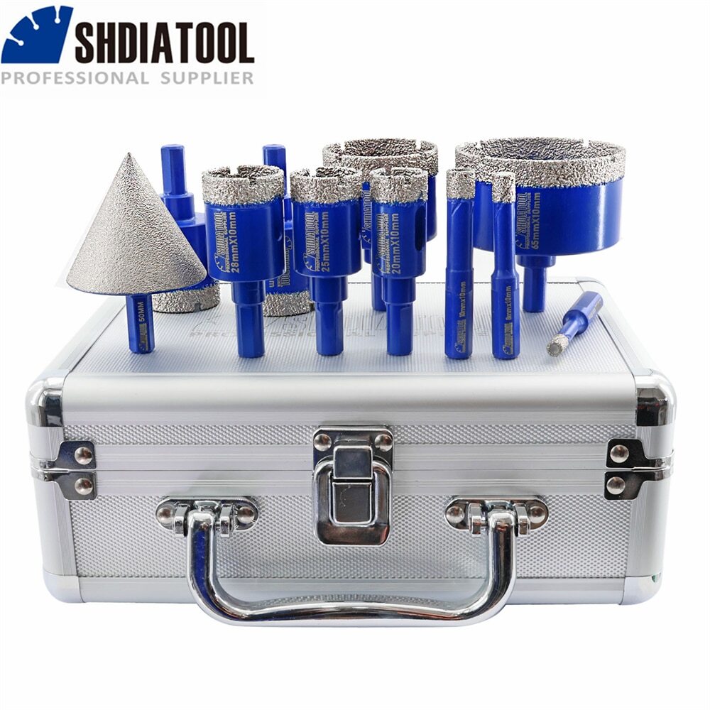 11pcs Diamond Drilling Bits Kit Triangle Shank Drill Crowns+50mm Chamfer Taper