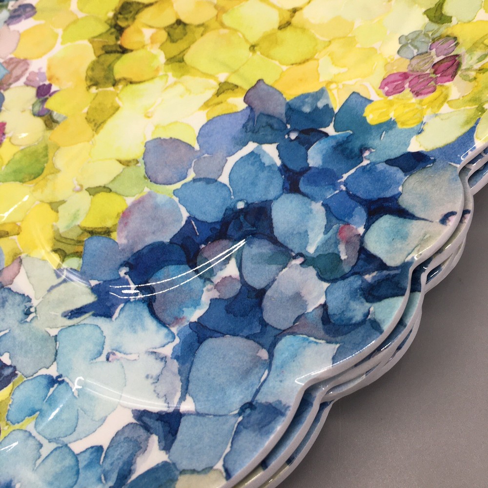 x4 Shabby Chic MELAMINE Dinner Plate Set Hydrangea Blue Green Easter Floral