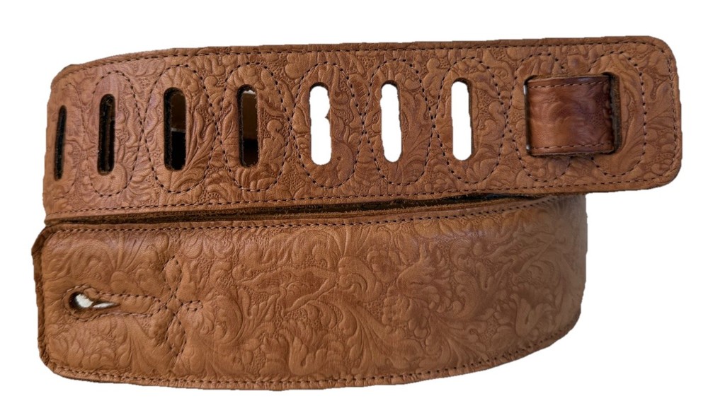 Saddle Tan Embossed Leather Guitar Strap Levy’s Wide Floral Design Canada Made