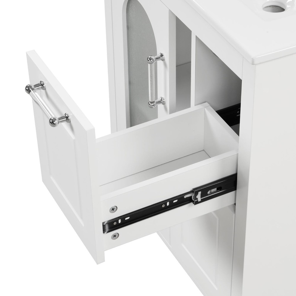 White Bathroom Vanity Cabinet with Ceramic Basin, Two Drawers, Adjustable Shelf,