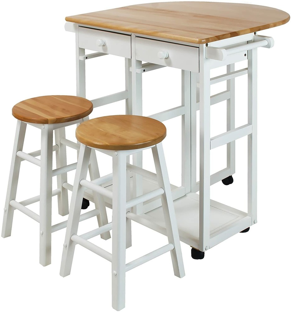 White Wooden Kitchen Breakfast Cart Set Dining Table Stools Rolling Island Pub