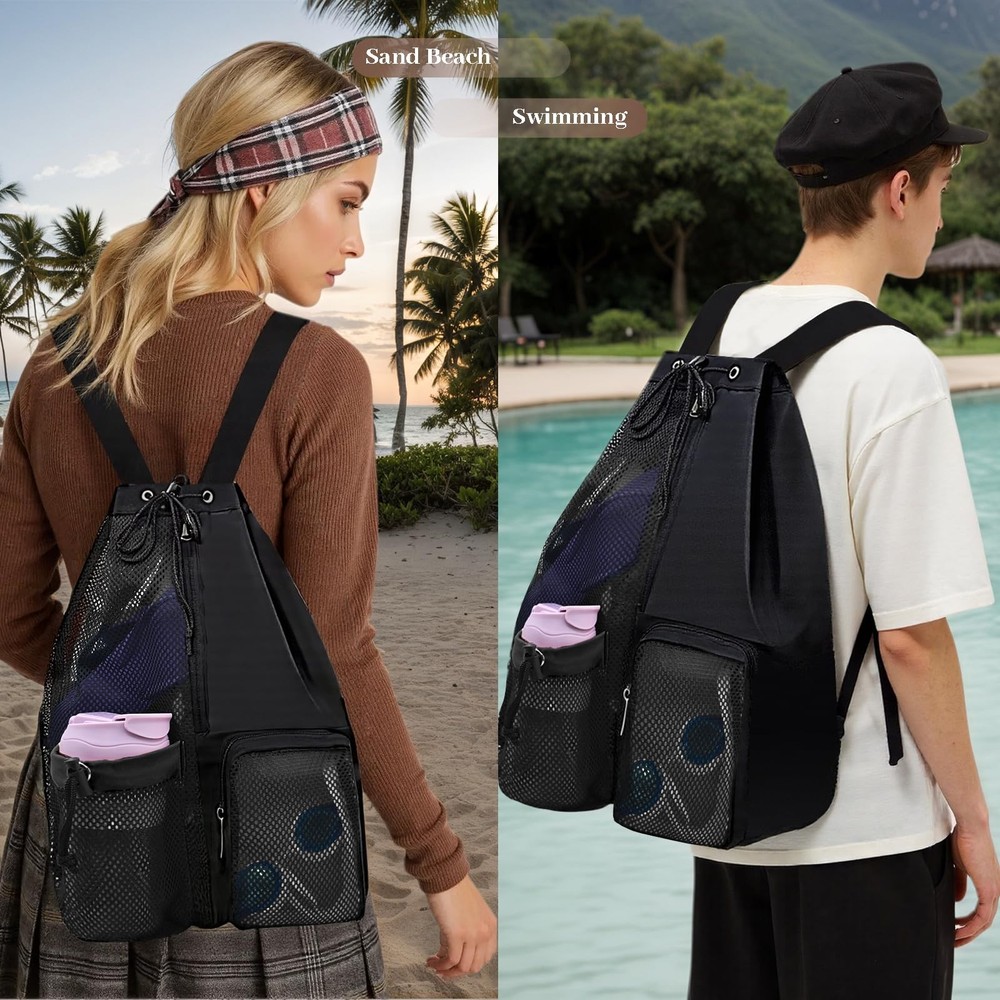 Beach Backpack with Wet Pocket Drawstring Mesh Beach Bag Waterproof Swimming ...