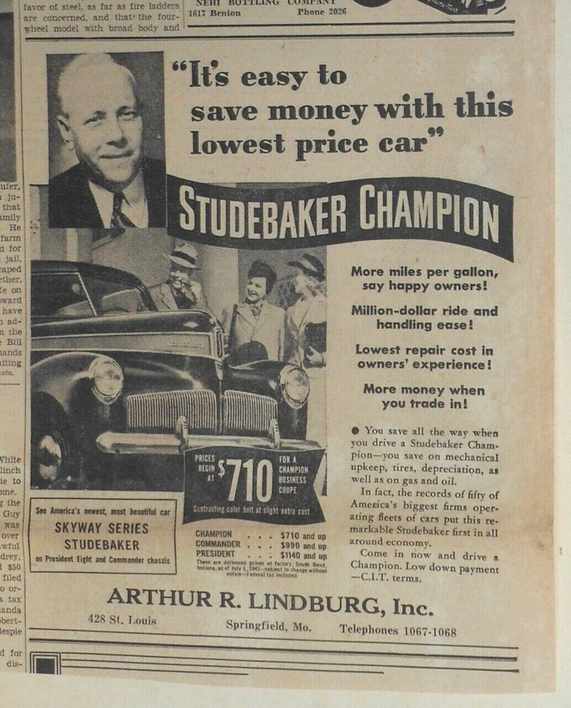 1941 newspaper ad for Studebaker - Champion front grille, Easy to save money