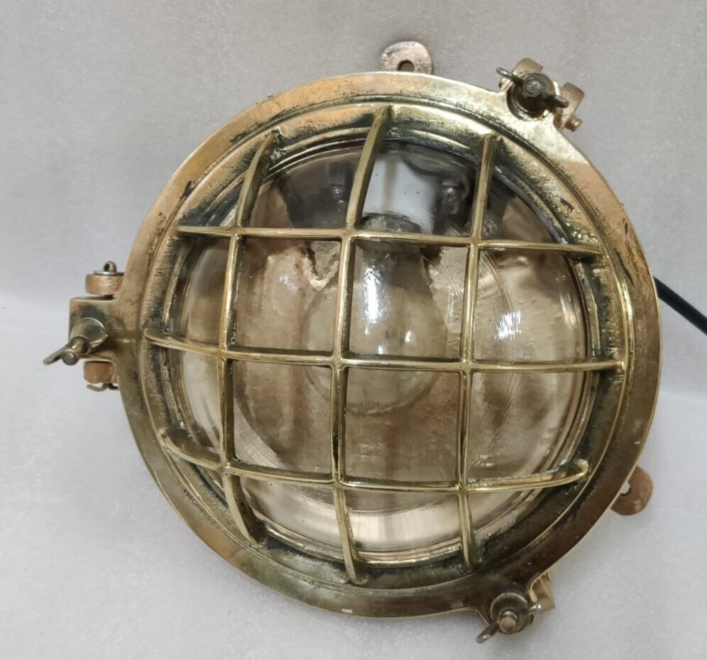 Vintage original Brass Cage&Iron Base Bulkhead passageway Light 2PC.