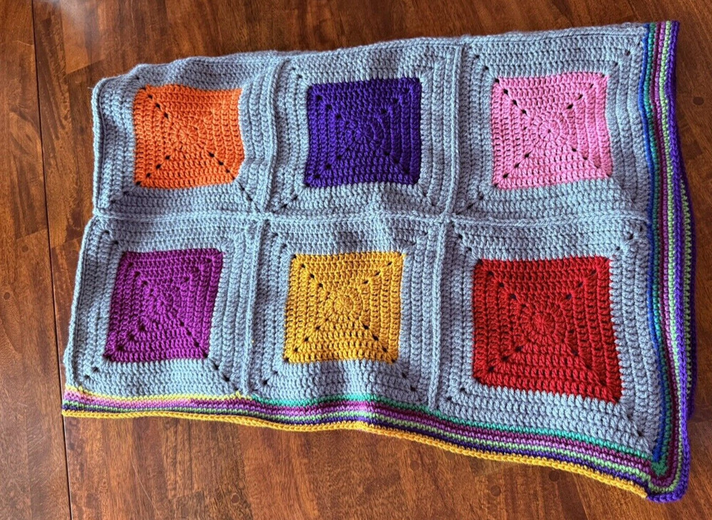 Crochet Afghan Multicolored Square Throw 50"x33" Excellent Condition