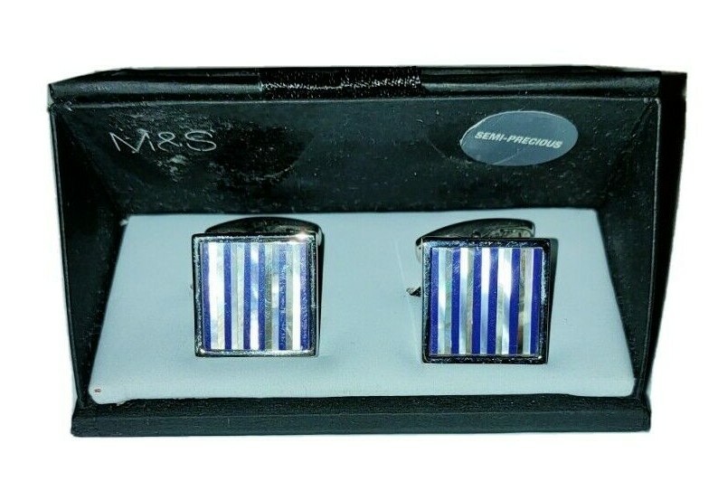 Cufflinks Silver Blue Square Semi-Precious Stones M&S Gift Boxed