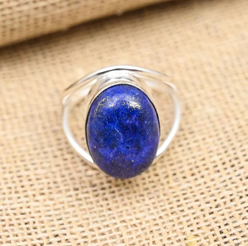 Solid 925 Sterling Silver Natural Lapis Lazuli Oval Gemstone Handmade Band Ring