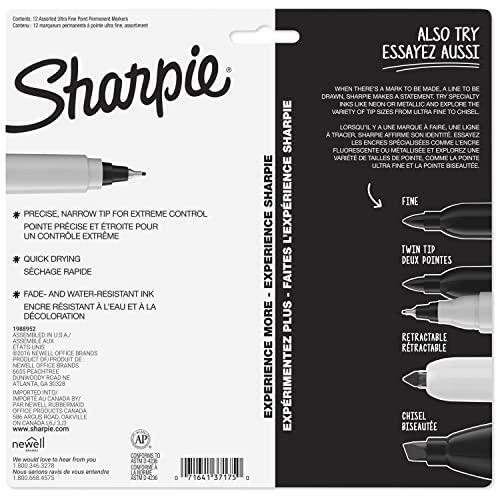 Sharpie 37175PP Permanent Markers, Ultra-Fine Point, Assorted Colors, 12 Pack