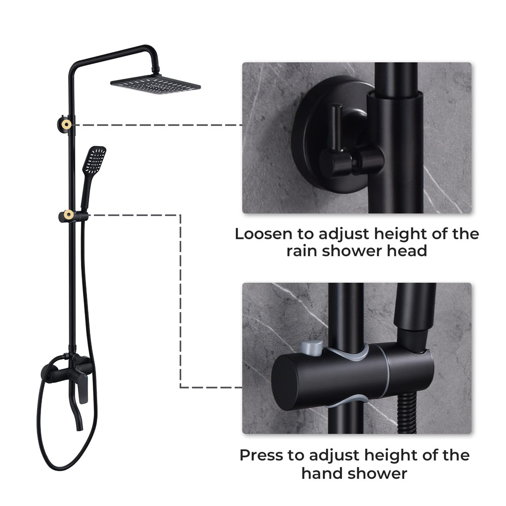 10" Rainfall Shower Faucet Set Adjustable Height 3 Function System Universal