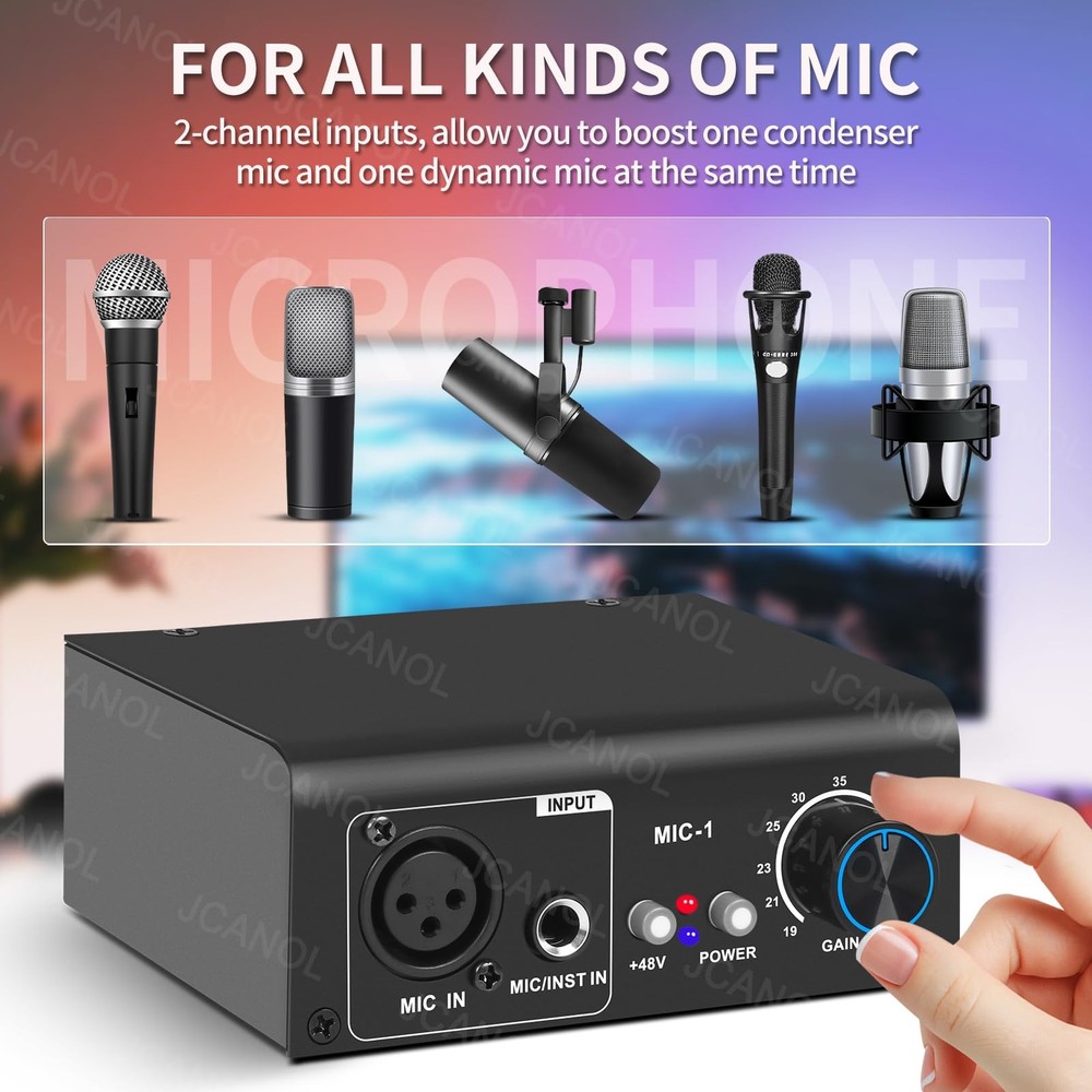Microphone Preamp with 75dB Gain, 48V Phantom Power for Dynamic & Condenser Mic