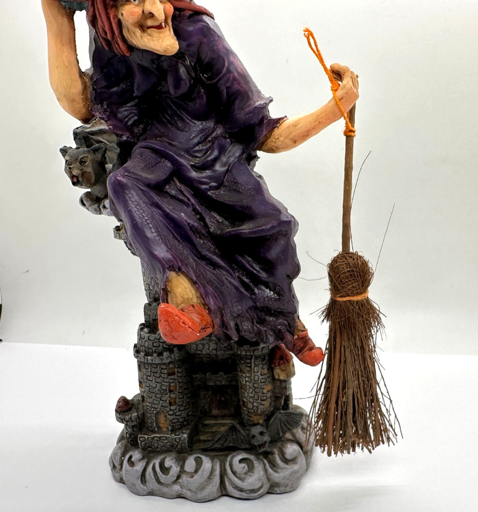 9" Floating Witch Over Castle & Bat Resin Figure