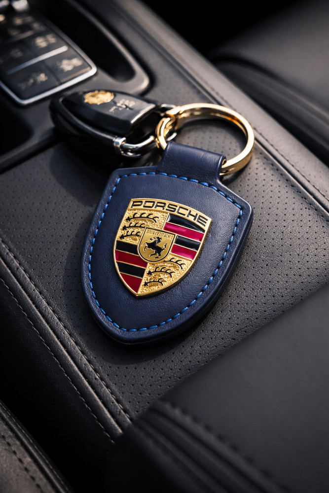 Genuine Porsche Leather Crest Keyring, Blue , WAP0500950E