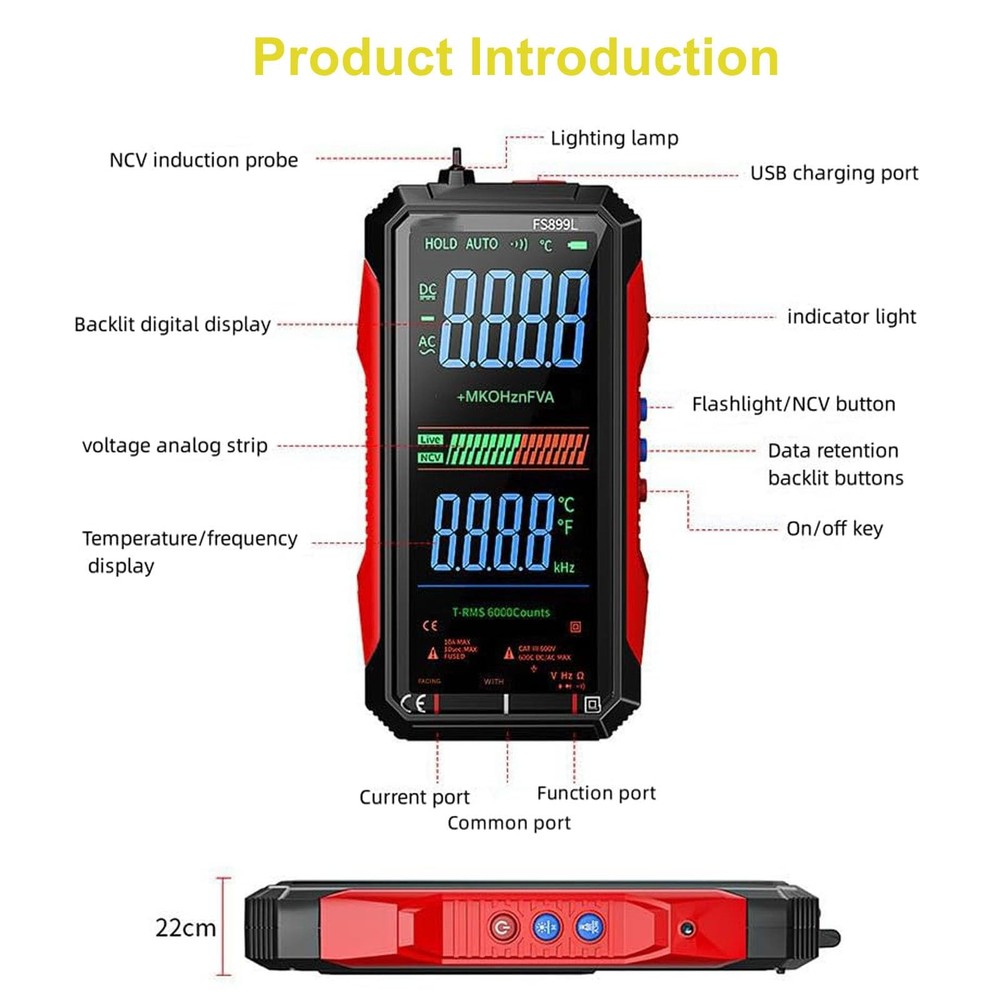 Digital Multimeter, FS899L USB Rechargeable Multimeter 6000 Counts, Automatic
