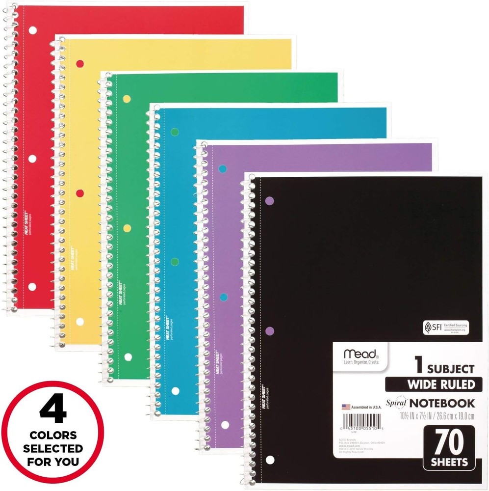 Versatile 4-Pack Spiral Notebooks - 1 Subject, 70 Sheets, Durable & Practical