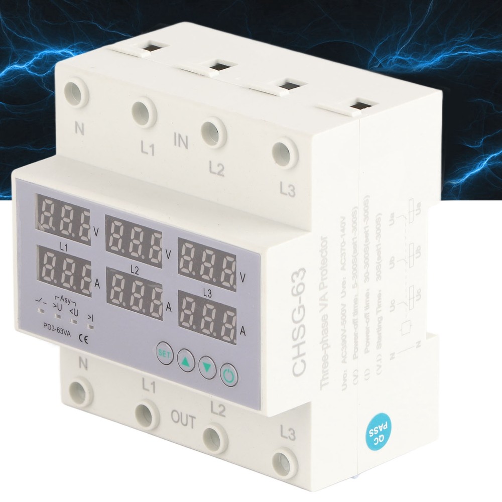 63A 3Phase DIN Rail Voltmeter Ammeter Auto-Overvoltage Overcurrent Protector AC
