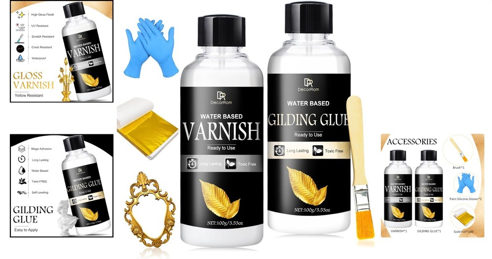 Elegant Gold Leaf Adhesive Kit with 100 Sheets & Brush - DIY Craft Essentials