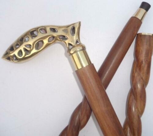 Three Foldable Spiral Cane Solid Designer Brass Head Handle Wooden Walking Stick
