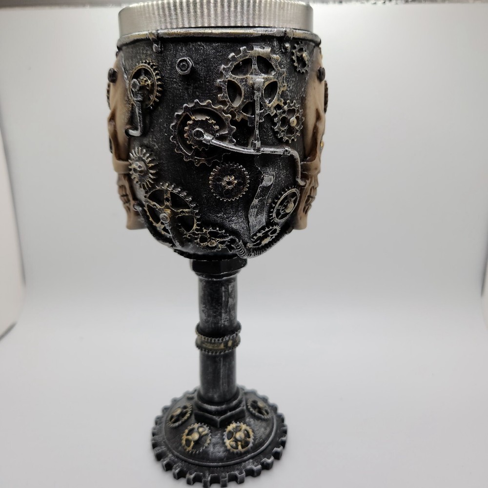 Steampunk Mechanical Gearwork Skull Face Wine Goblet 7.5”