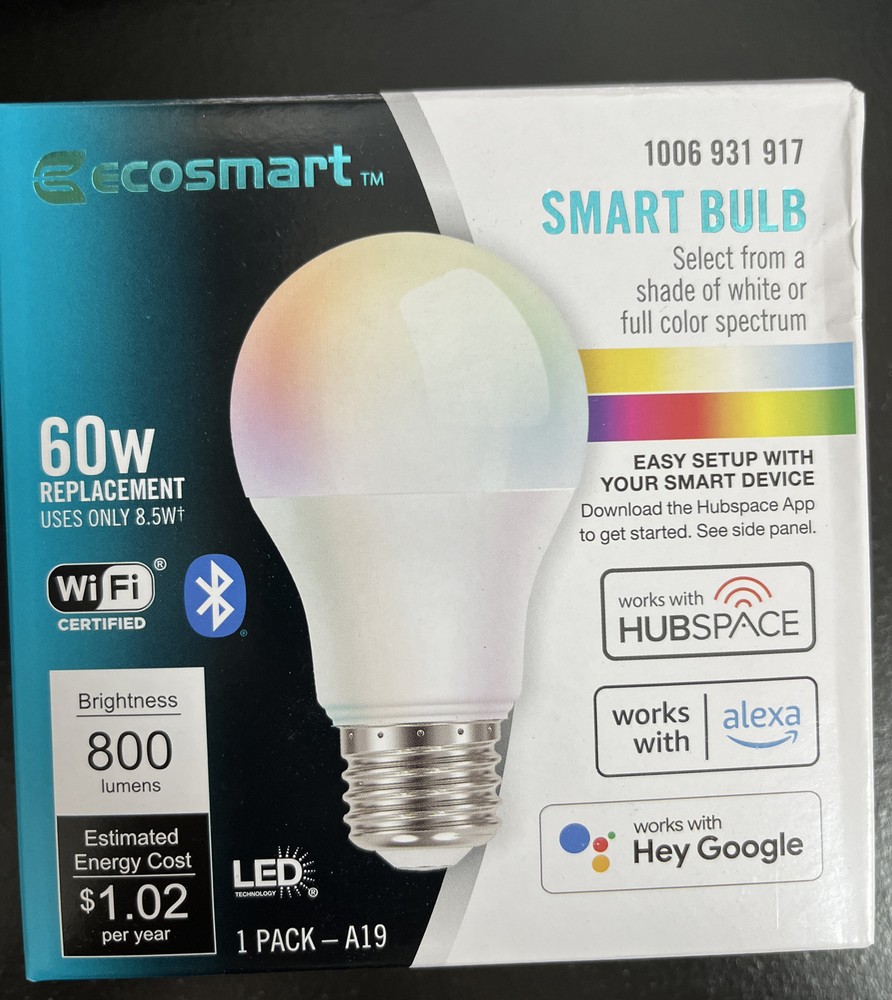 EcoSmart 60-Watt Smart Hubspace A19 Color Change CEC LED Light Bulb with Voice