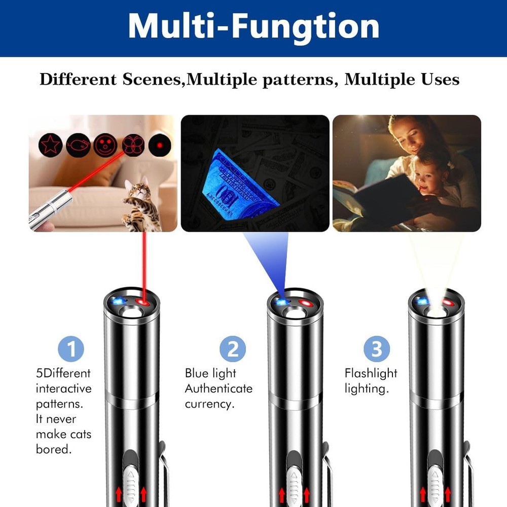 Cat Laser Pointer Toy Dog 7 Adjustable Pattern Long Range Lazer Toy USB Recharge