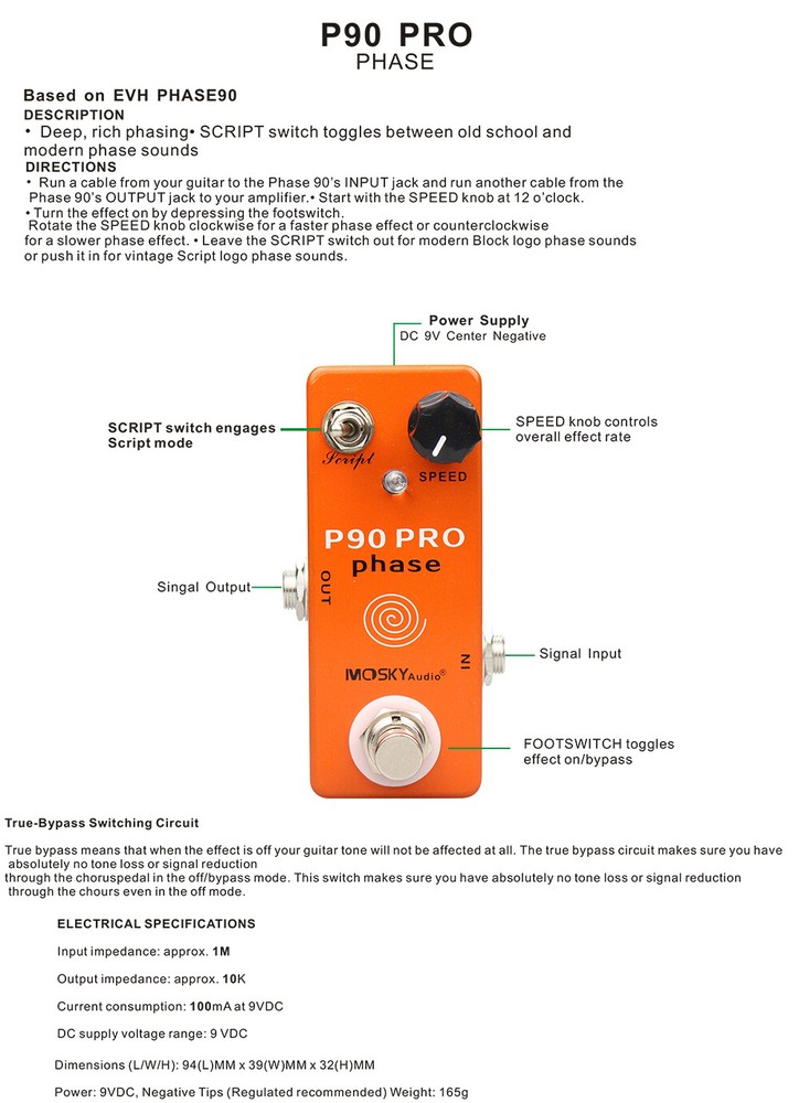 Mosky P90 PRO Guitar Effect Pedal Deep Rich Phasing Script Speed True-Bypass
