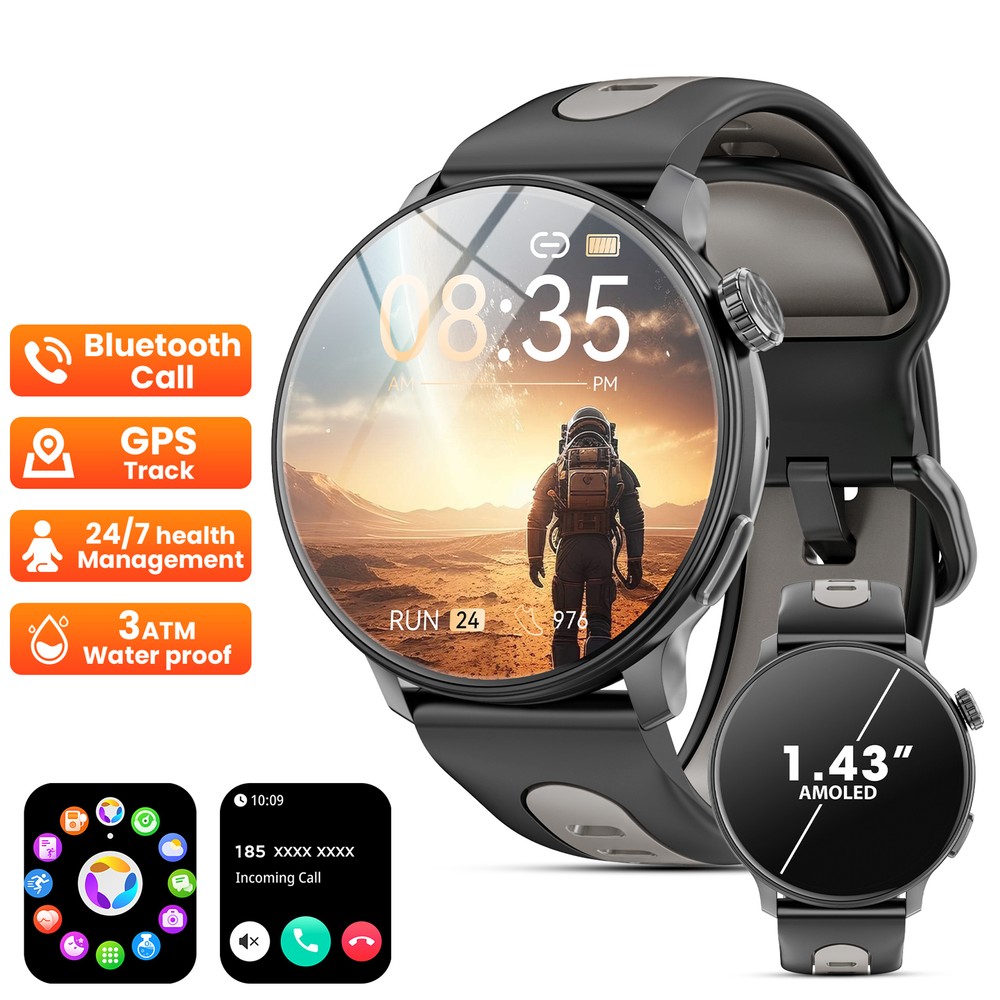 1.43" HD Smart Watch For Android iOS AMOLED Display 3ATM waterproof Compass GPS