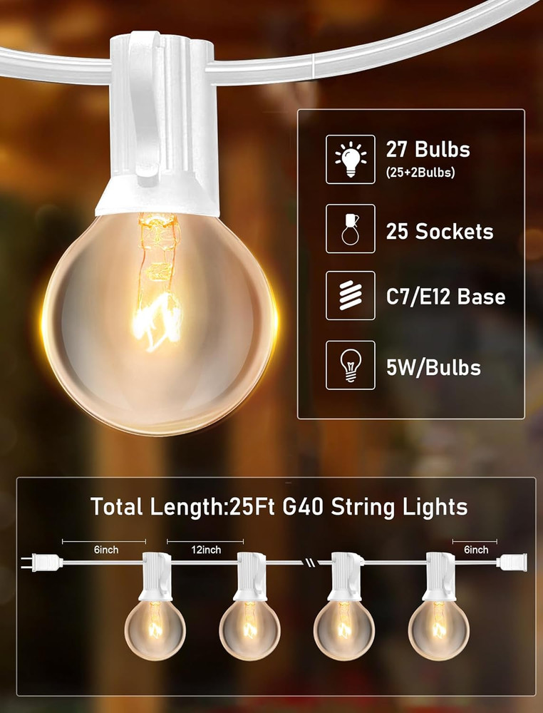 25FT Outdoor White String Lights with 27 Clear Bulbs, G40 Globe Patio String Lig