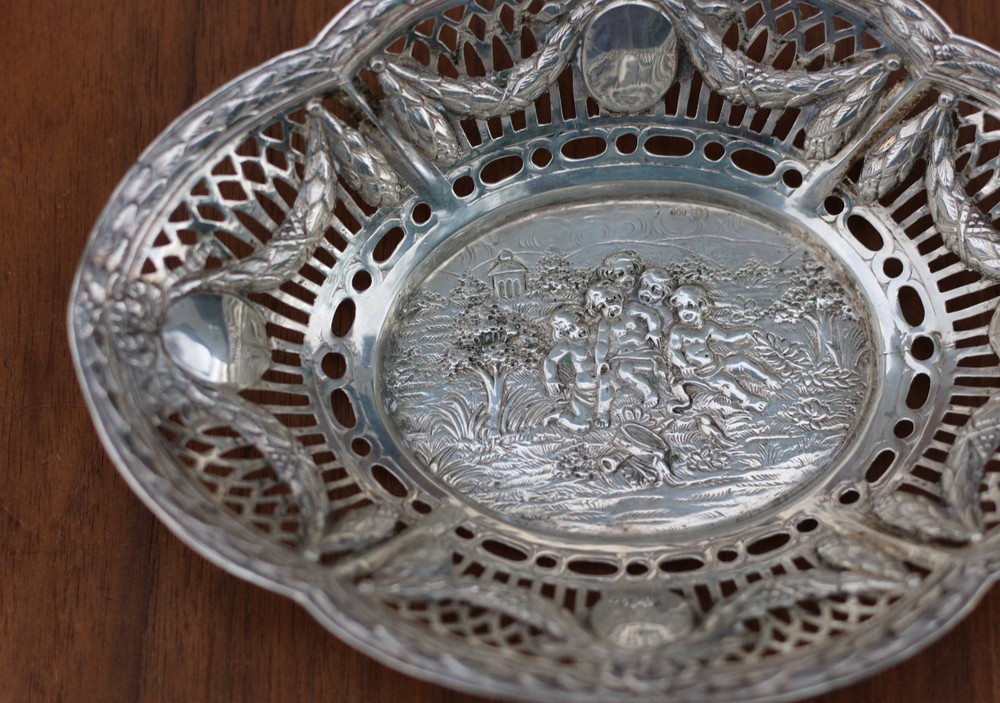 Germany 800 Silver Repousse Openwork Reticulated 7.5" Oval Bowl ~ Cherubs