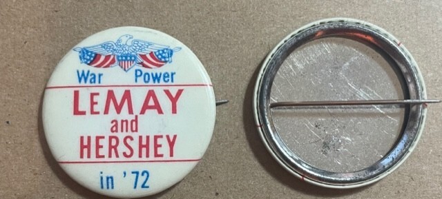 LeMay & Hershey pinback button from Chicago 7 Conspiracy Trial 1969