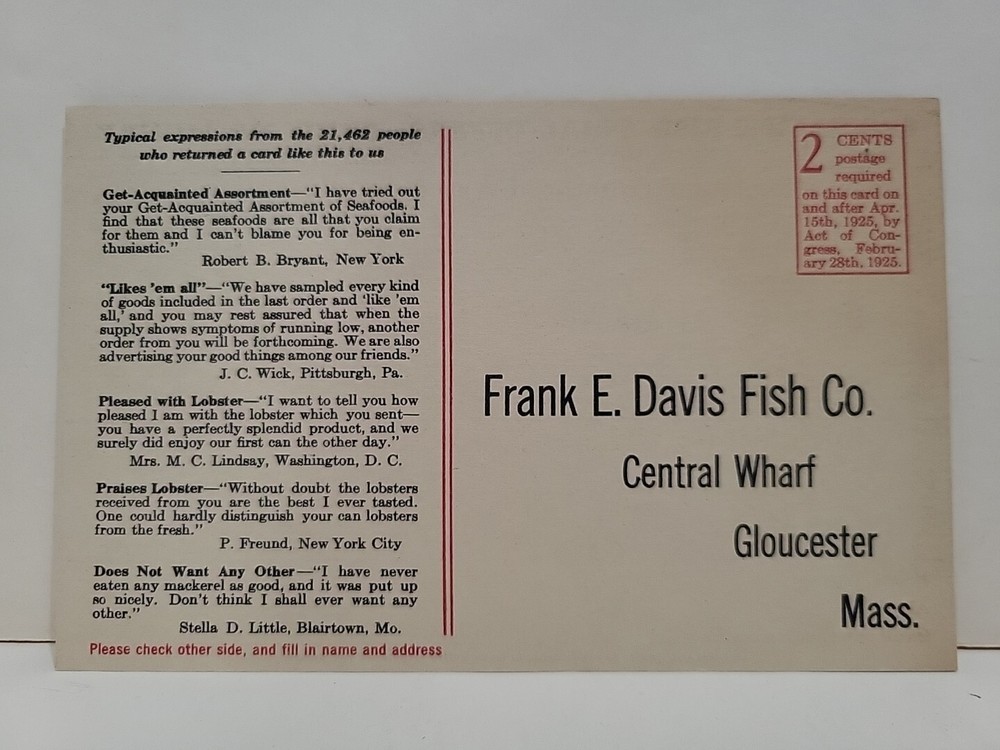 1925 Frank E. Davis Fish Co. Gloucester, MA Mail-Order Card Mackerel Lobster