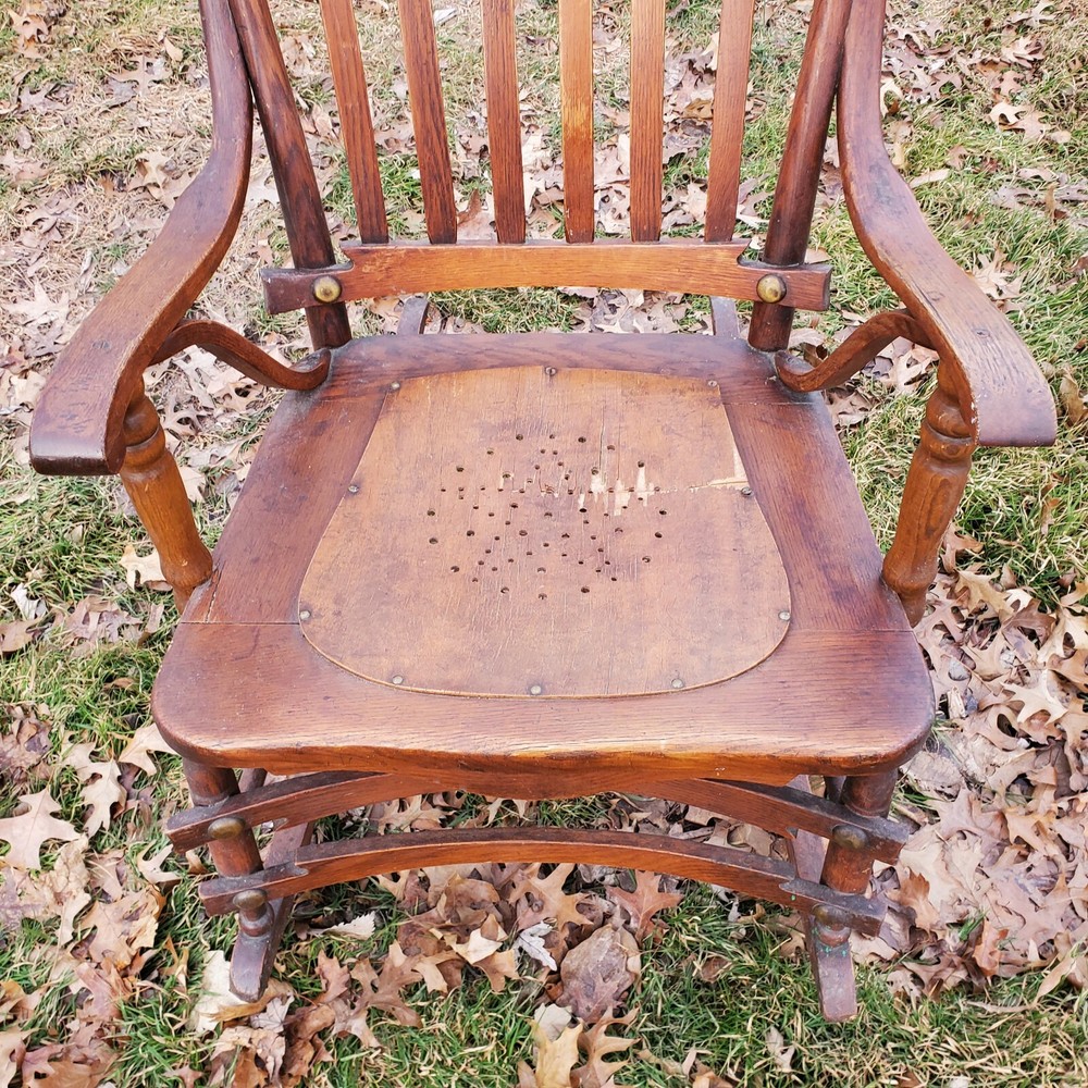 ANTIQUE OAK PRESSED BACK BRASS HARDWARE ROCKING CHAIR