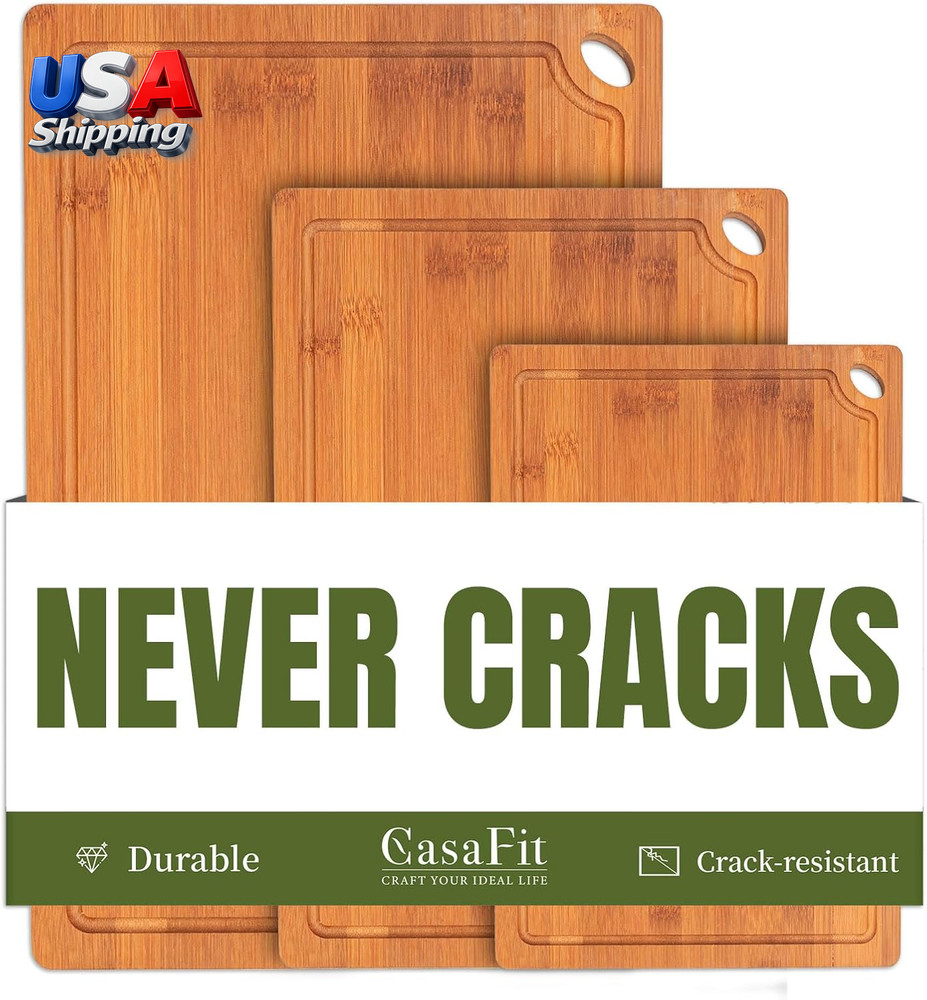 3-Piece Organic Bamboo Cutting Board Set for Kitchen - Carbonized Extra Sturdy C