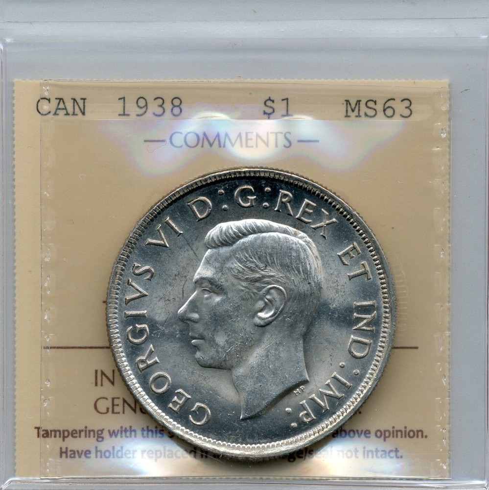 1938 Canada Silver Dollar - Choice Uncirculated, ICCS MS 63