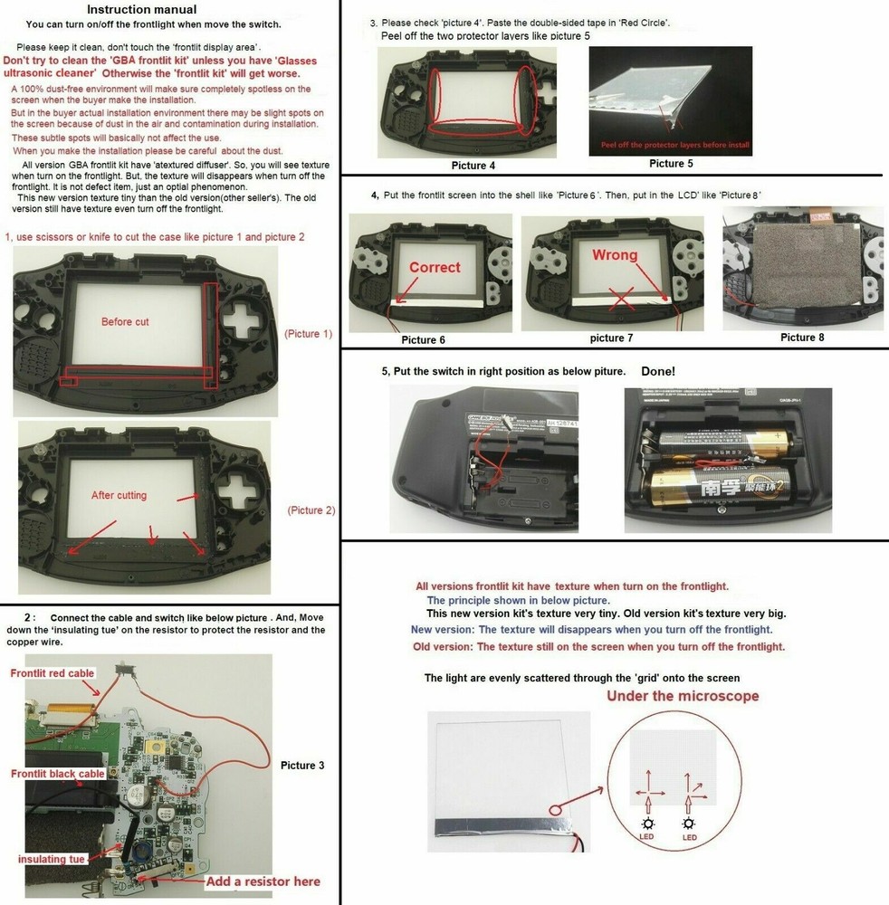 GBA Nintendo Game Boy Advance Frontlit Frontlight Front Light V2 NO LOCA GLUE!