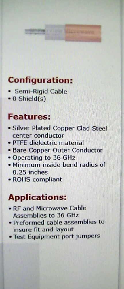 RG402 SOLID COPPER SHIELD COAX, STRAIGHT 5FT STICKS 17 COUNT