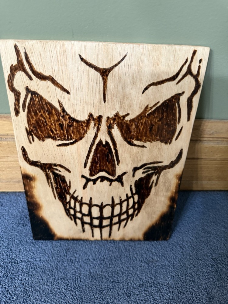 Handmade Pyrography Full Face Skull 8x10” Wall Hanging