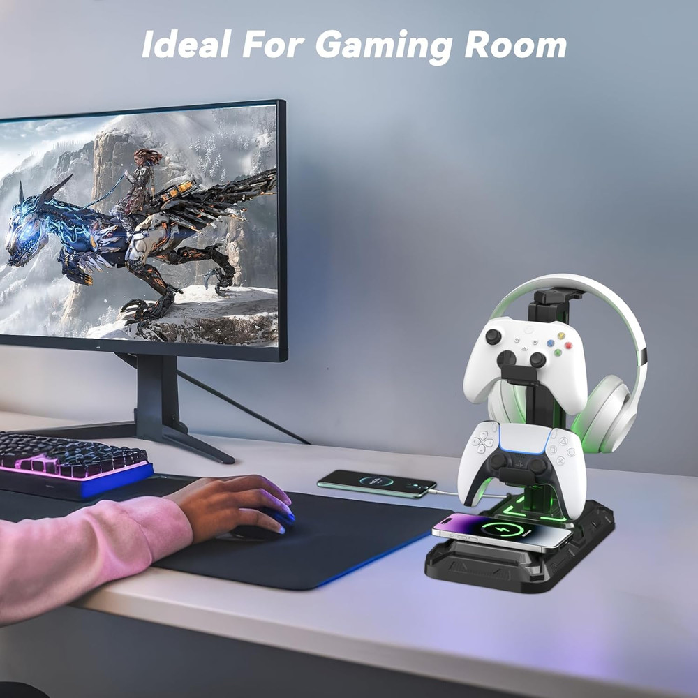 RGB Headphone & Controller Stand w/ Wireless Charging, USB-C Gamer Dock