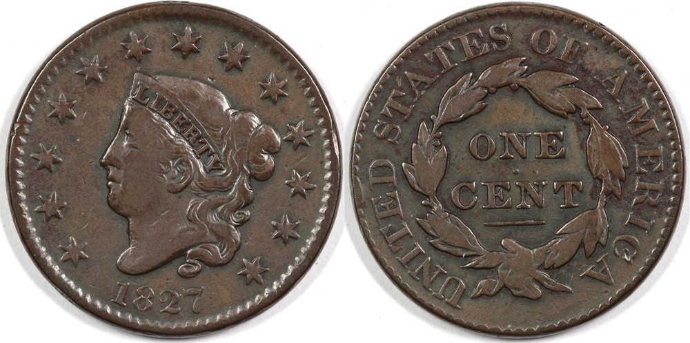 1827 1c N-10 Coronet or Matron Head Large Cent
